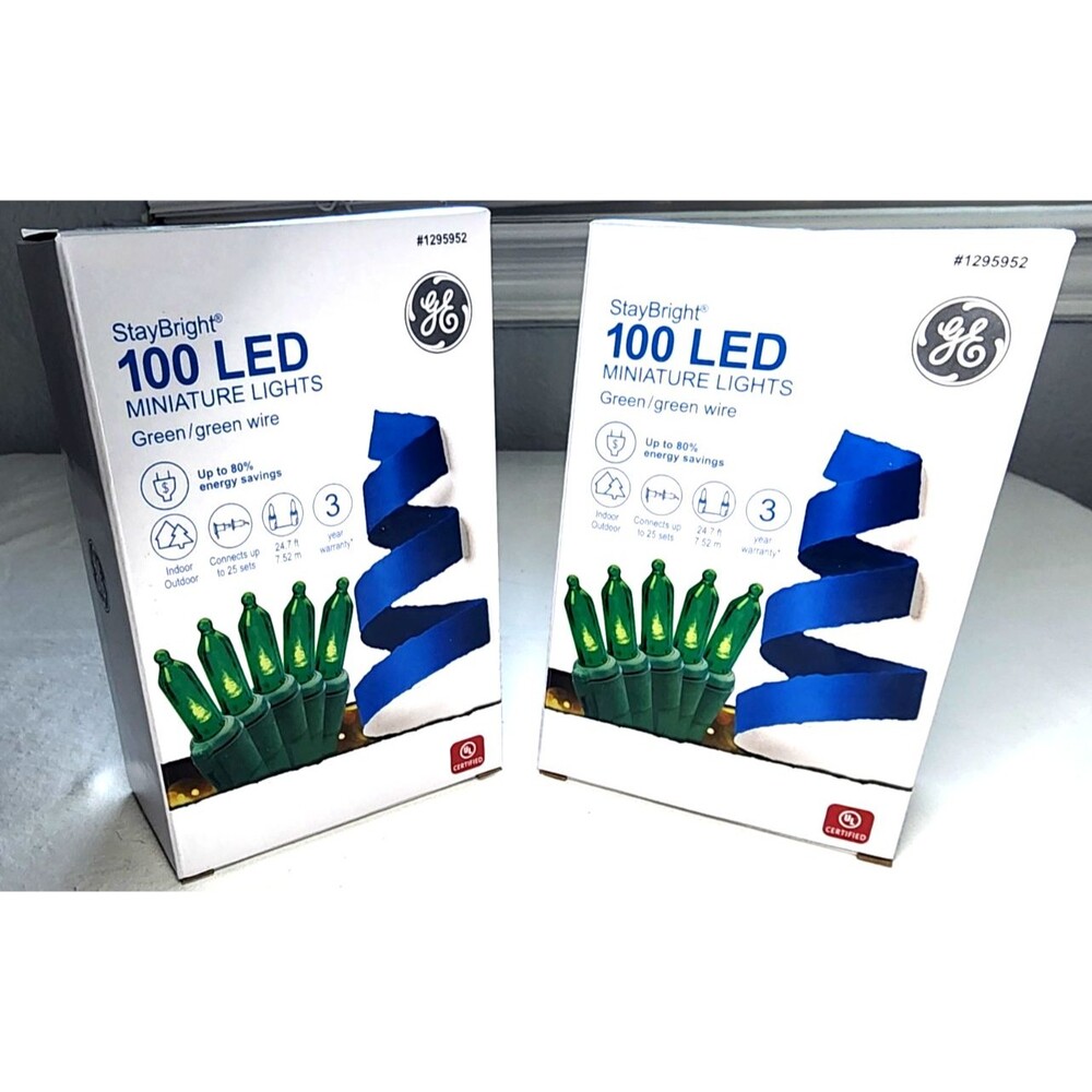 GE StayBright 100 LED Green Miniature Lights with Green Wire - Lot of 2